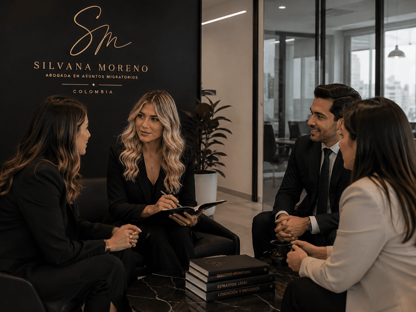 Silvana Moreno asesorando a un grupo de clientes en su oficina